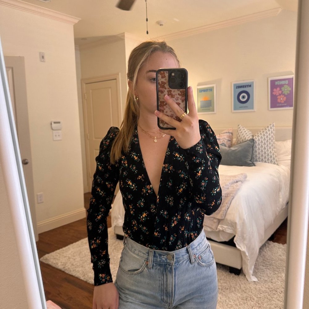 AFRM Black Floral Long Sleeve Bodysuit